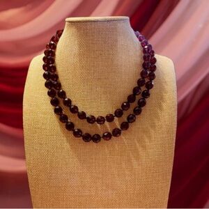 Burgundy Beaded Necklace Cherry AB Crystal Necklace Vintage Elegant L18”